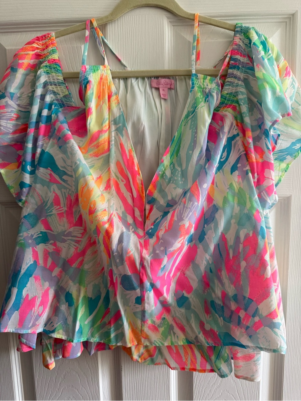 Lilly Pulitzer Bright Multicolor V-Neck Flutter Sleeve Blouse